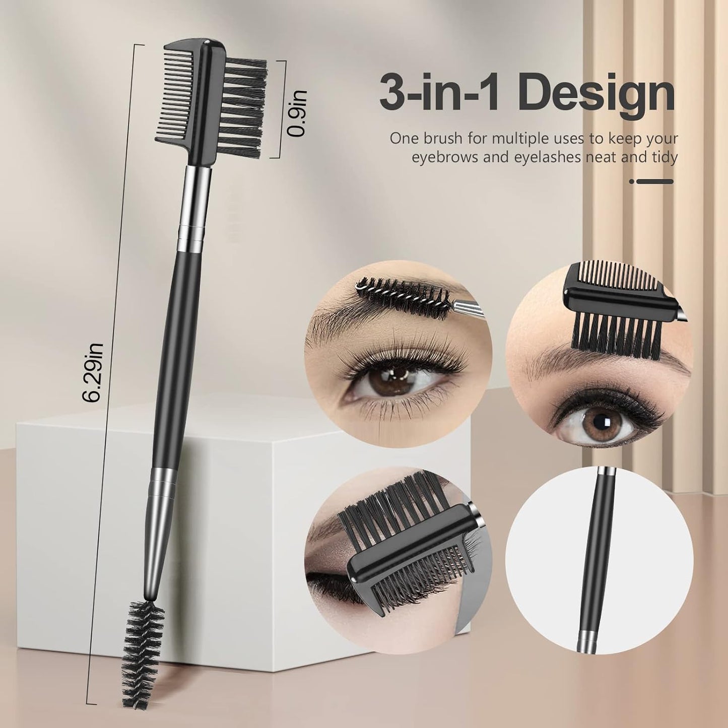 Dual-Use Eyelash & Eyebrow Brush with 3-in-1 design for grooming and defining lashes and brows.
