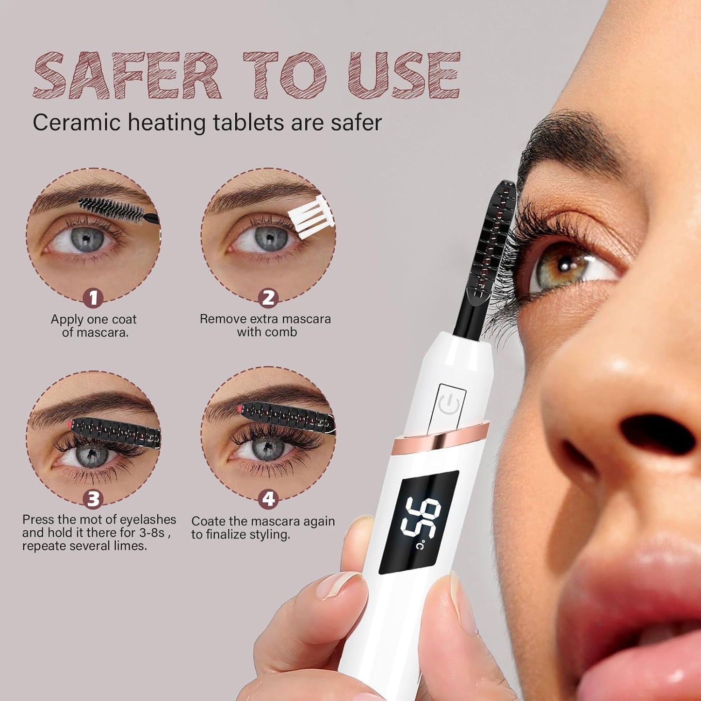Heated Eyelash Curler demonstrating safe use with ceramic heating tablets for curling and styling lashes.