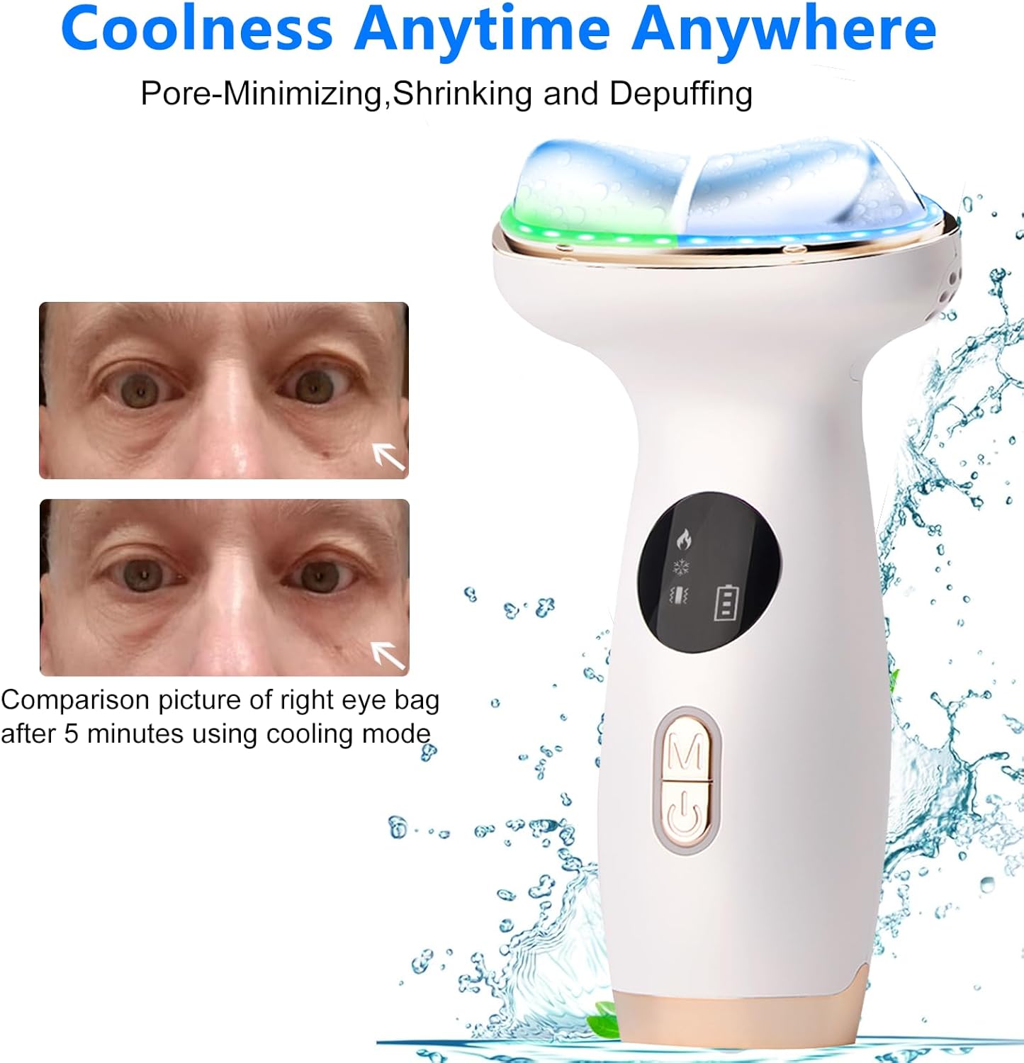 Electric Face Sculpting Massager showing eye bag reduction after cooling mode use.