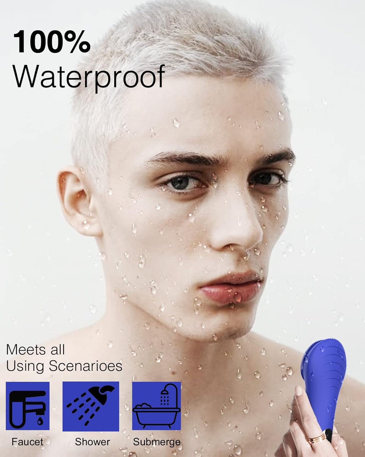 Rechargeable Facial Cleansing Brush shown in water, demonstrating its 100% waterproof feature for skin cleansing.