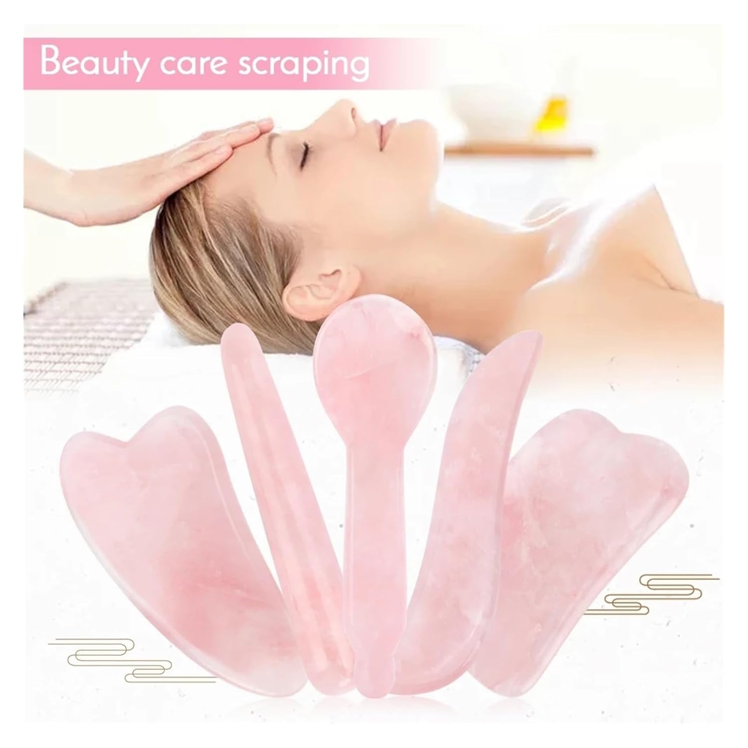 Natural Jade Roller for Face & Neck with pink scraping tools for skincare ritual.