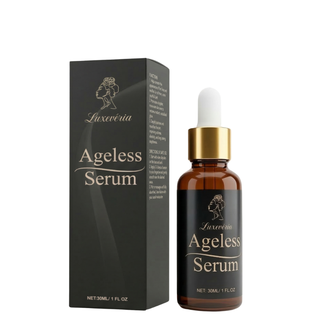 Luxevéria Ageless Serum in brown glass bottle with dropper and elegant packaging.