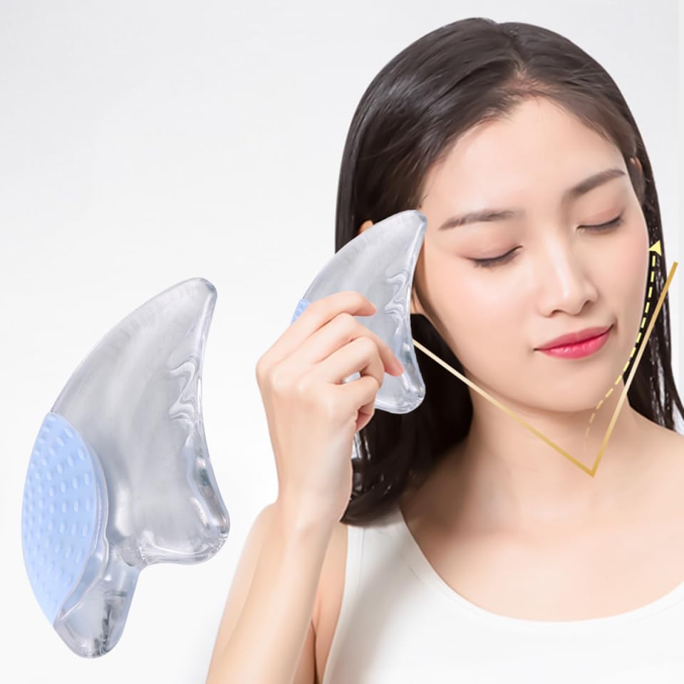 Natural Gua Sha Massage Tool being used by a woman for facial massage and relaxation.