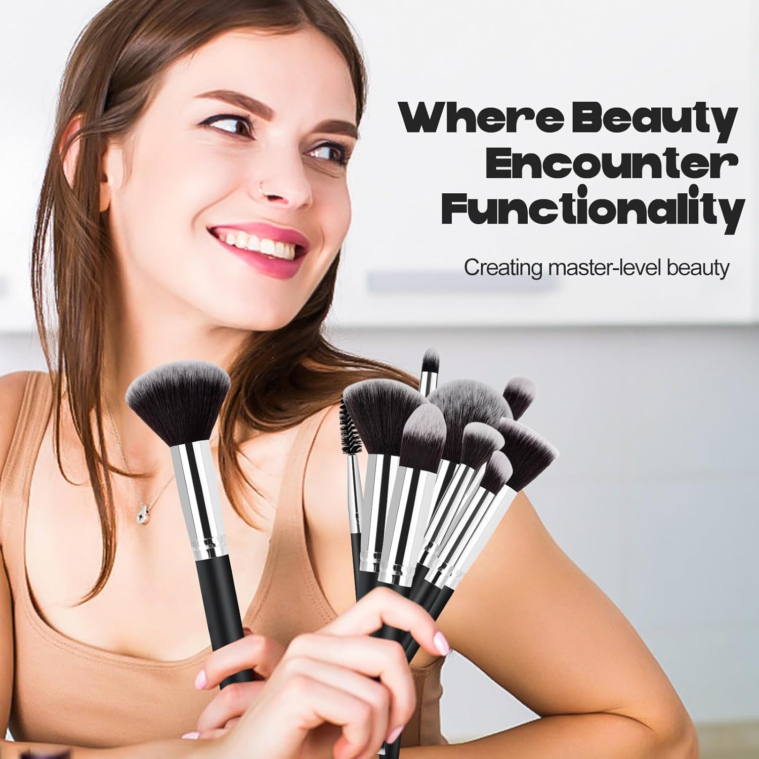 13-Piece Professional Makeup Brush Set in use, showcasing blending and contouring brushes for flawless application.