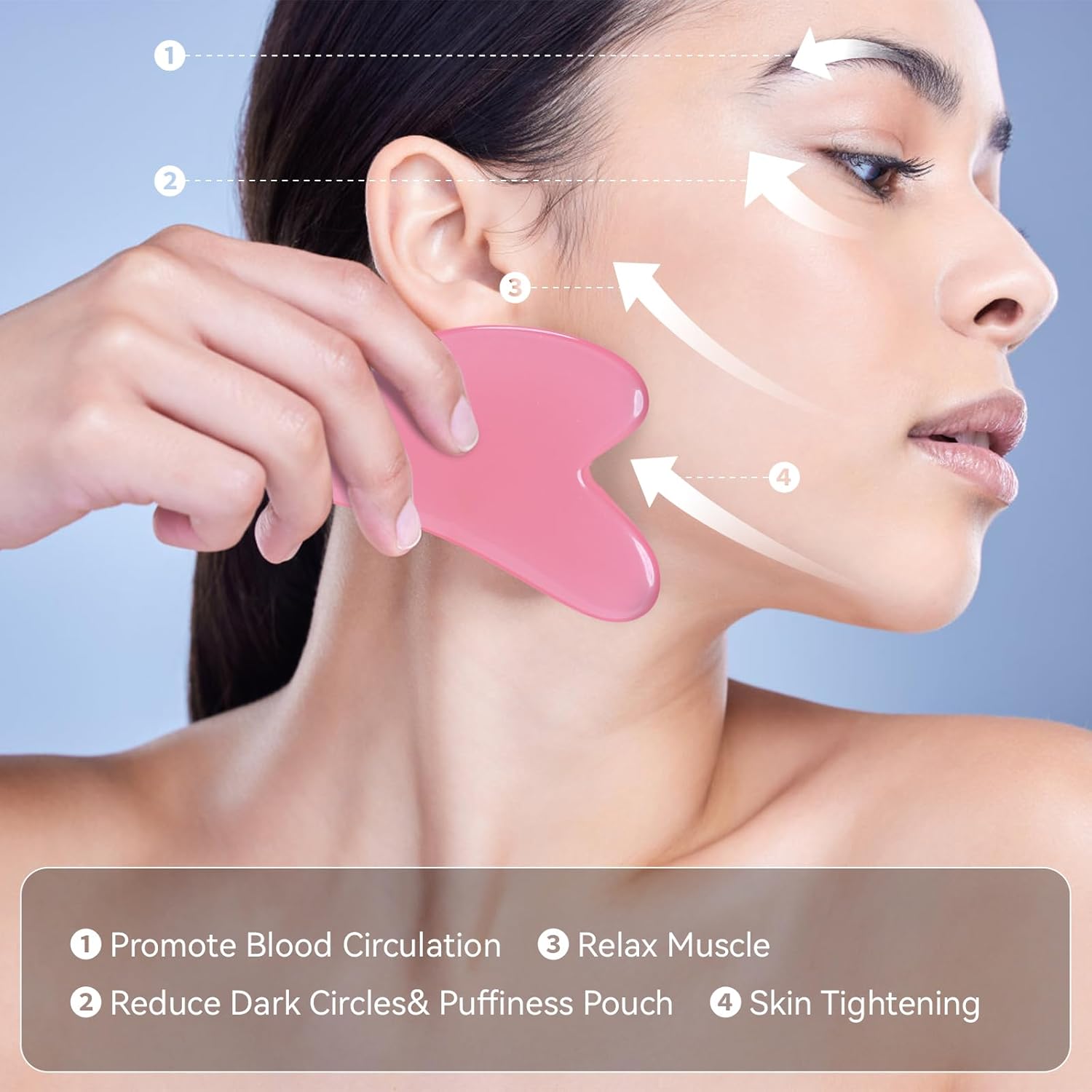 Woman using Gua Sha Massage Tool Set to promote blood circulation and relax muscles.