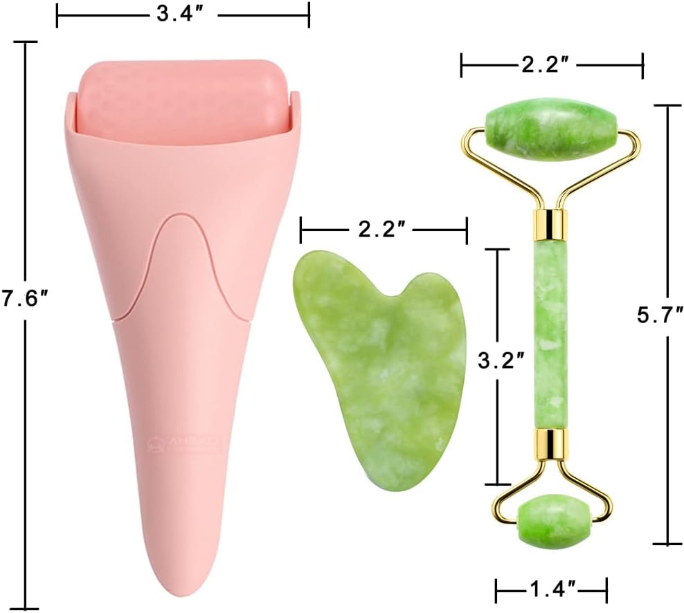 Ice Roller & Jade Set with dimensions for skincare and facial massage tools on a white background.